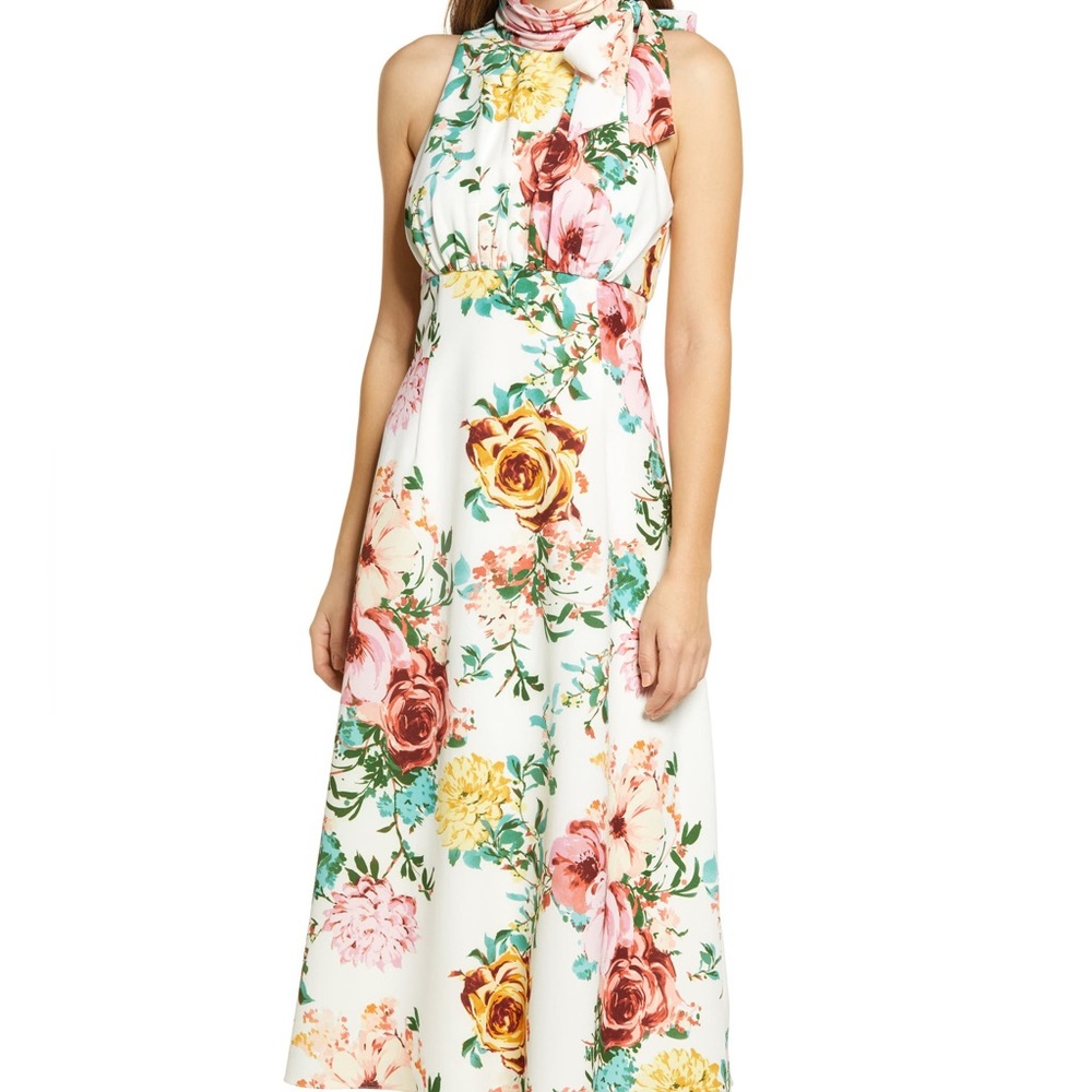 DONNA RICCO floral print tie neck ivory multi midi dress size 6 new with tags